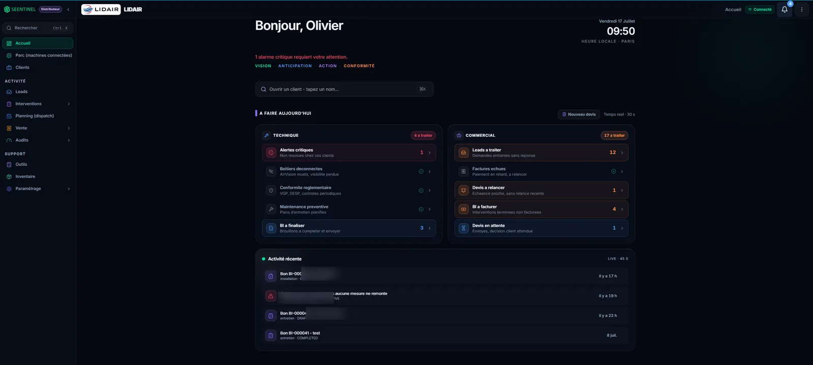 Cockpit du mainteneur dans SEENTINEL : alertes critiques clients, bons d'intervention à finaliser, devis à relancer et activité récente