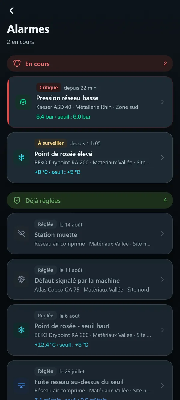 Application mobile SEENTINEL, écran Alarmes : pression réseau basse et point de rosée élevé, avec la mesure et le seuil.