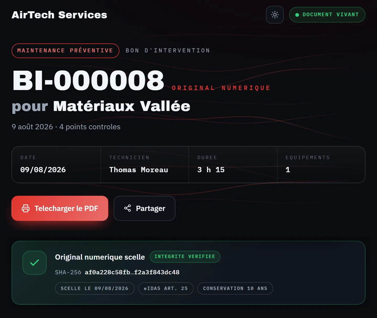 Plateforme SEENTINEL : bon d'intervention signé et horodaté, rattaché à la machine, consultable par le client et le mainteneur.