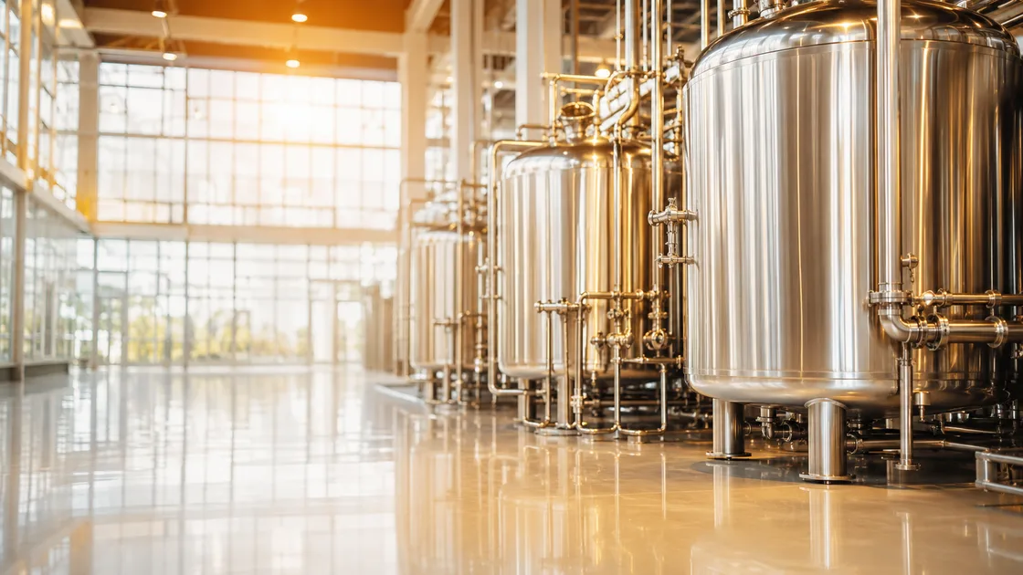 Cuves inox et tuyauterie process sur un site agroalimentaire, ambiance ambre.