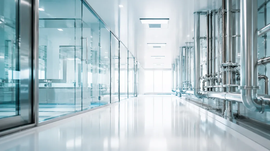 Couloir de salle blanche pharmaceutique sous air contrôlé, lumière bleue.
